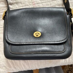 Vintage Coach Black Leather Crossbody Bag with Gold Accents